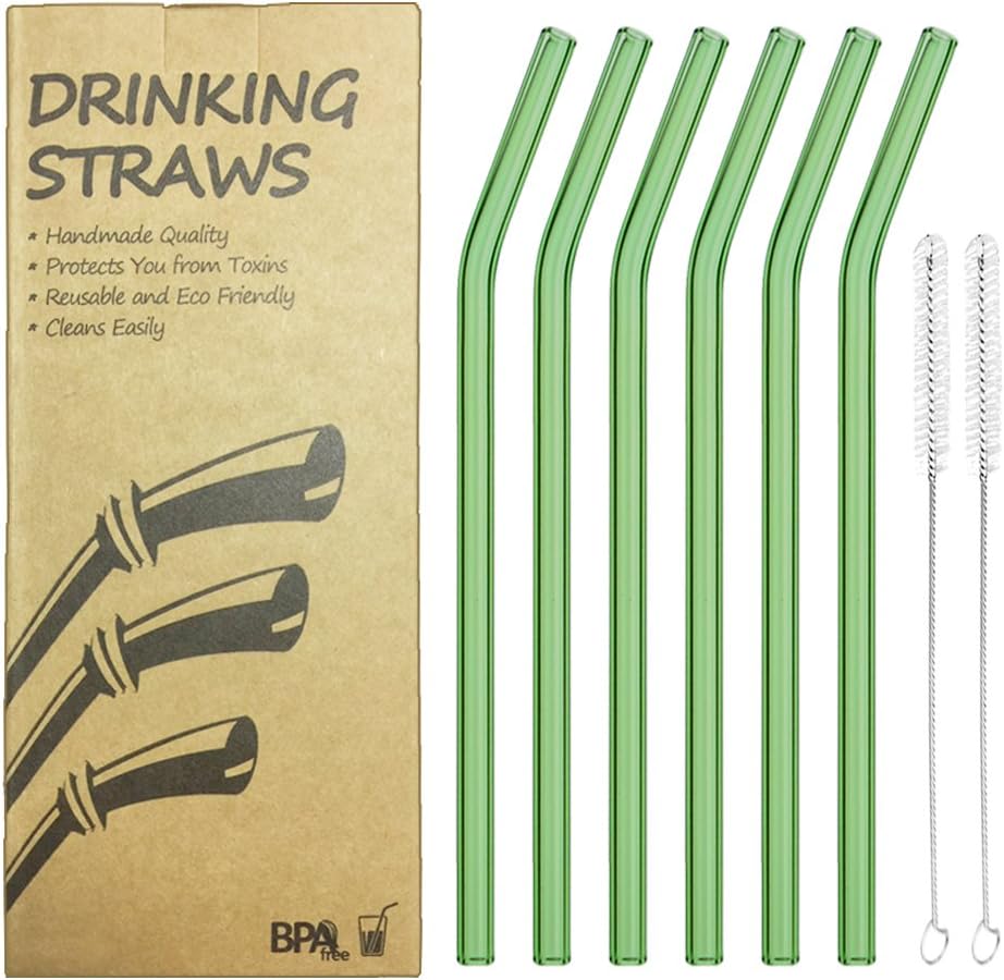 Reusable Bent Glass Drinking Straws, Set of 6 with 2 Cleaning Brushes,Shatter Resistant,BPA Free, Non-Toxic, Eco-Friendly, 200mm x 10mm (Bent 8'' x10mm, Green)