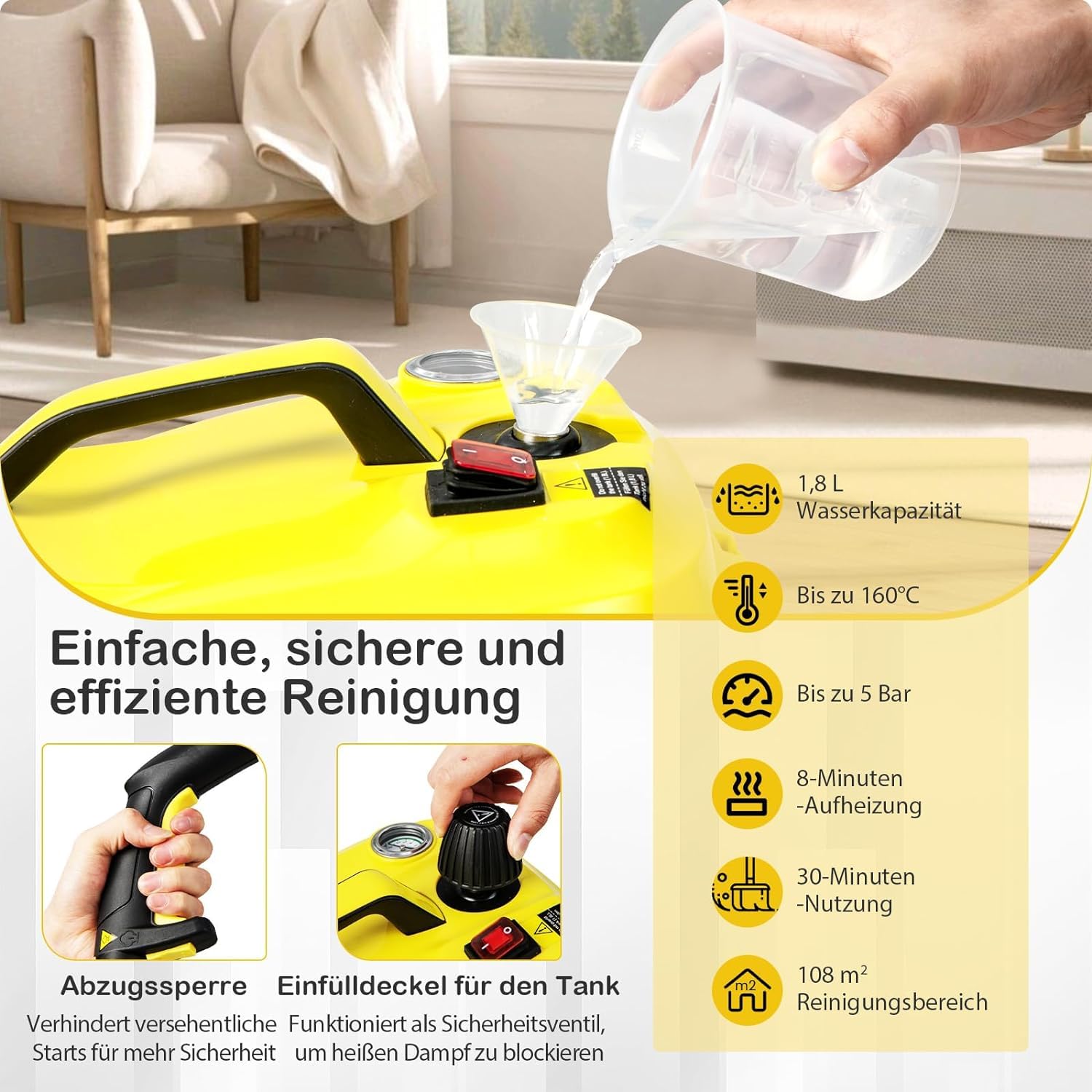 RELAX4LIFE Dampfreiniger 2000W, Dampfdruck: 5 bar, Tank: 1,8 L, Temperatur bis zu 160℃, Aufheizzeit: 8 min., Flächenleistung: 108 m², Steam Cleaner inkl. 13 Zubehör für Boden, Teppich, Fenster (Gelb) 3