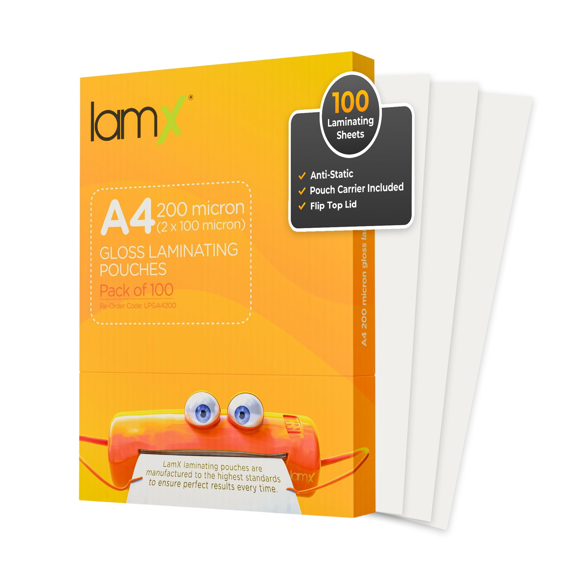 LAMX A4 Laminating Pouches 200micron, High Gloss Finish, Anti-Static Formula Laminator Sleeves 200 Micron (100+100 Micron) Pack of 100 Laminating Sheets, Free Pouch Carrier Included