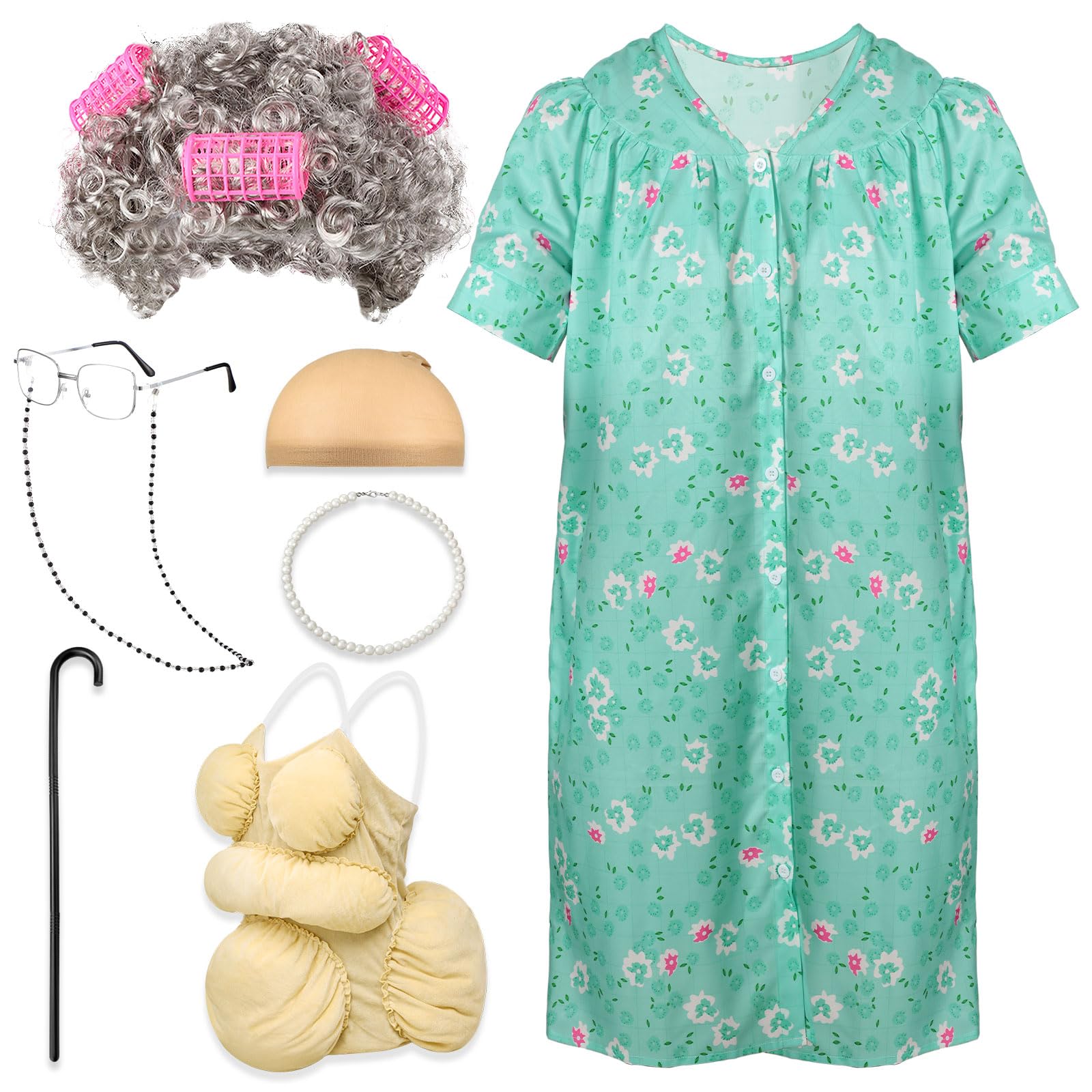 Photo 1 of Yaomiao 8Pcs Old Lady Costume Set for Women Fat Suits Grandma Dress Suits Short Sleeve Robe Granny Wig Crutch (Stylish Silver Hair, X-Large)