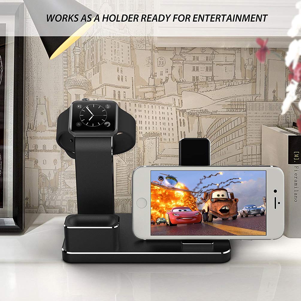 Tinfence Charging Stand for iWatch Charging Stand Dock Station for AirPods iWatch Series 4/3/2/1/ iPhone X/XS/XS Max/8/8Plus/7/7Plus/6S/6S Plus Black