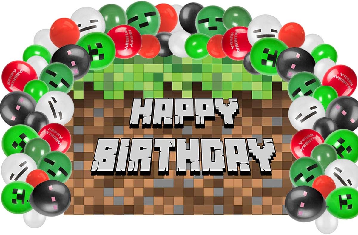 UJGTAR Replacement for Minecraft Birthday Party Supplies Decorations, Backdrop and Balloons Kit for Kids Photo Background, Gift for Boys or Girls