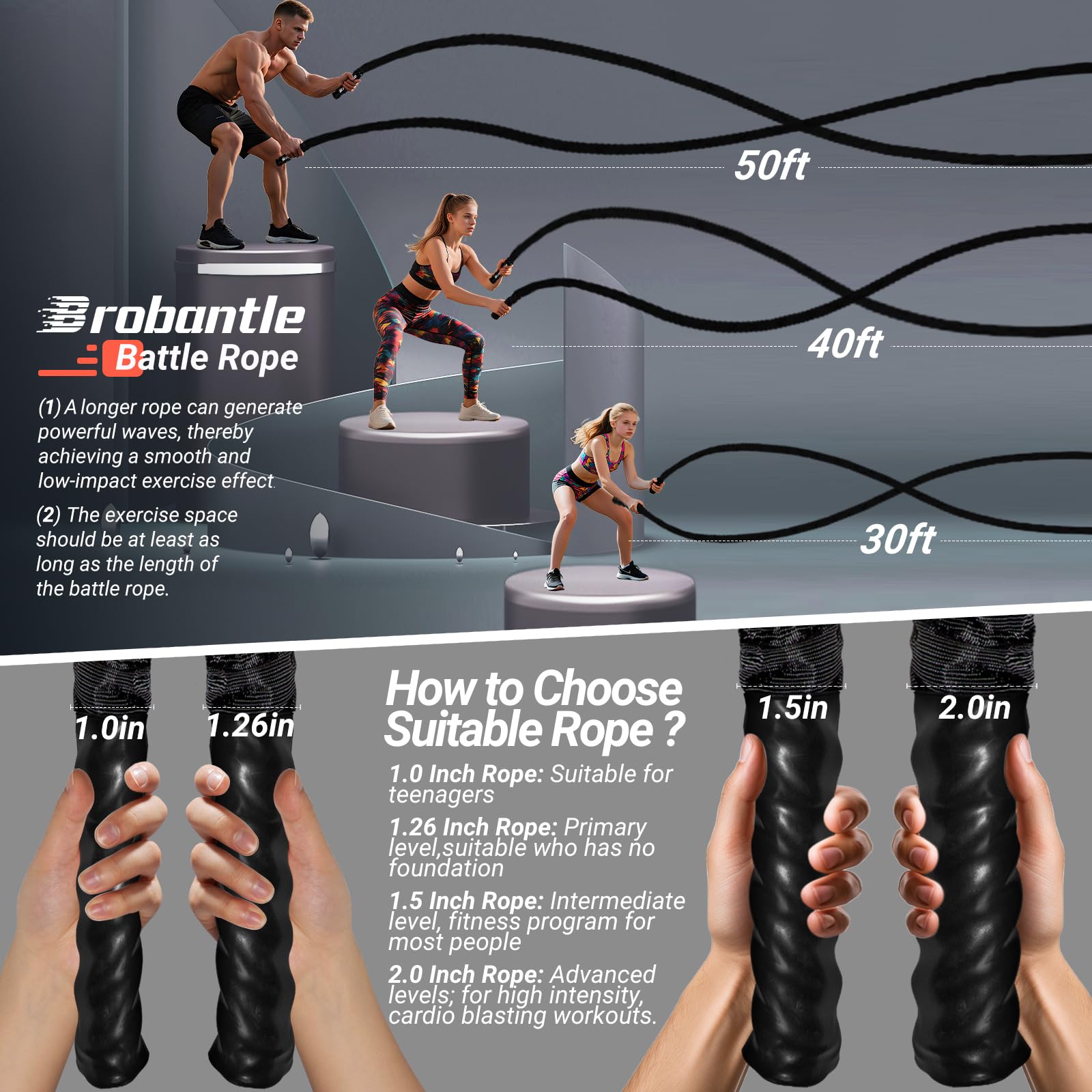 Brobantle Battle Rope 1 Inch Diameter,30FT Exercise Workout Ropes for Home Gym Heavy Weighted Training Rope for Working Out