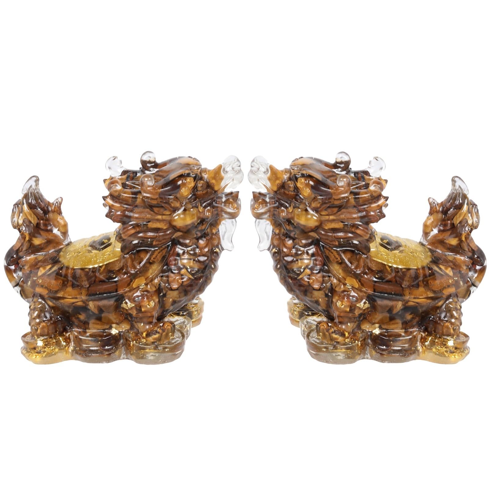 mookaitedecor Set of 2 Tiger's Eye Crystal Dragon Turtle Figurine Feng Shui Ornament for Home Good Luck Decor, Resin Healing Crystal Dragon Tortoise Gift Semi Precious Gemstone Animals Statue