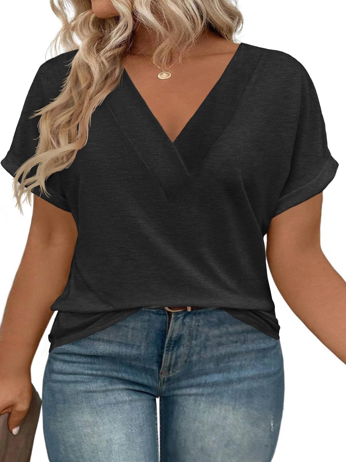 Photo 1 of Beautife Womens Plus Size V Neck T Shirts Short Sleeve Summer Dressy Casual Tunic Tops Loose Fit Tees Blouse Black