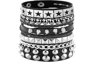 Tosmifairy 4Pcs/Set Fashion Street Hip Hop Leather Studded Cuff Bracelets Multiple Wristbands Bangle Emo Acceossries for 80s Punk Rock Concert Outfit