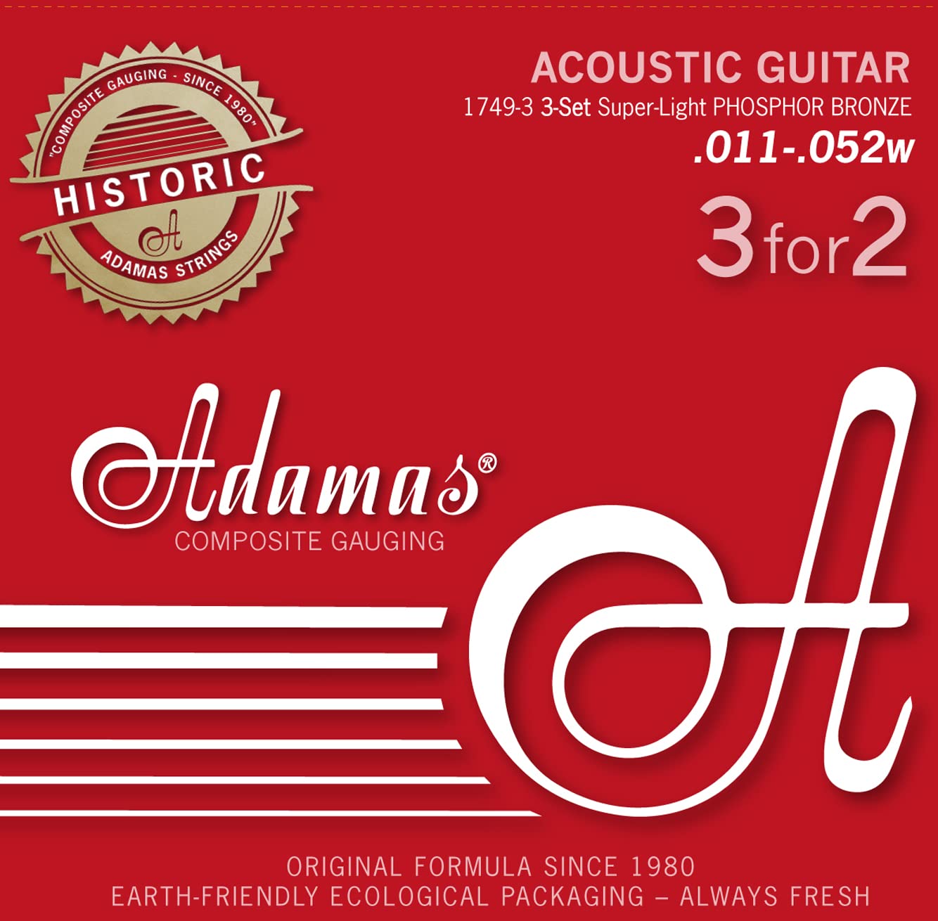 Adamas Strings for Acoustic Guitar Phosphor Bronze Historic Reissue Set of 3 Super-Light .011 1749-3