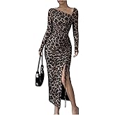 Floerns Women's Leopard Print Long Sleeve Slit Drawstring Ruched Bodycon Party Dress