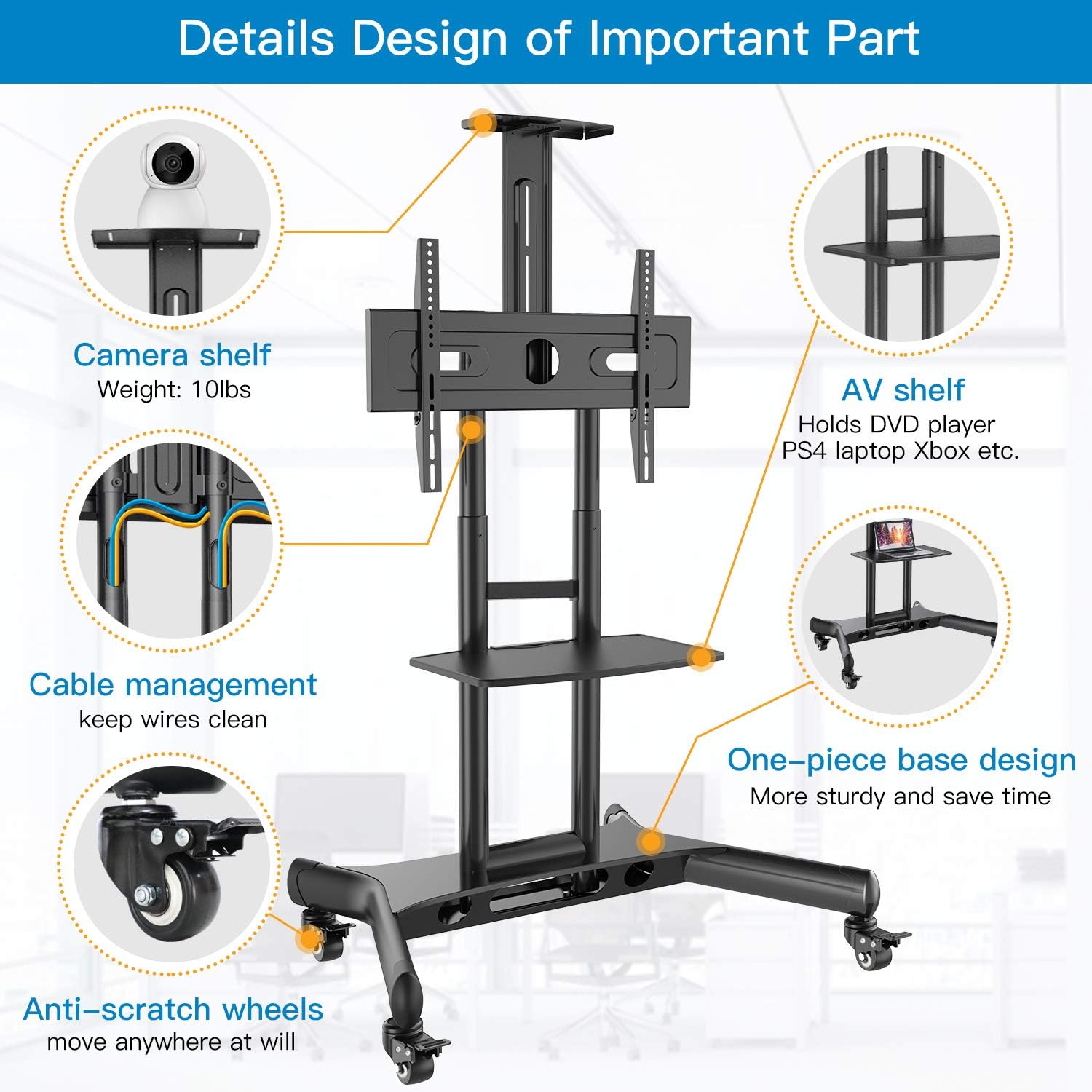 Rolling/Mobile TV Cart with Wheels for 32-70 Inch LCD LED 4K Flat Screen TVs - UL Certificated TV Floor Stand with Shelf Holds Up to 100 lbs, Height Adjustable Trolley Max VESA 600x400mm: Electronics