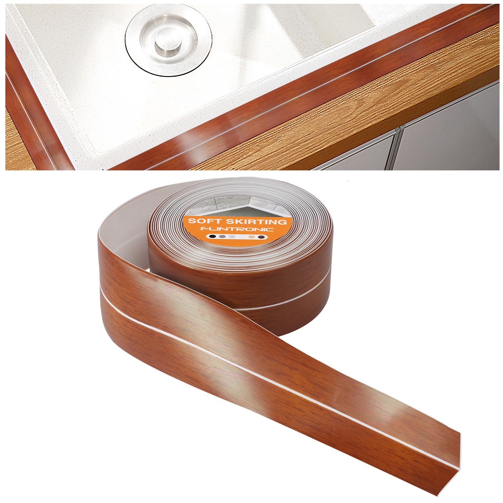 flintronic Rodapiés Autoadhesivo Flexible, 5m【19 * 19mm】 Perfil PVC, Rodapie de Acabado Rodapiés Flexible Cinta Autoadhesiva para Cocina y Baño(Marrón vetas de madera)