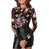 BemorRun Floral Mesh Long Sleeve Tops for Women Mock Neck See Through Fitted Sexy Going Out Top