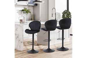 Youhauchair Modern Bar Stools Set of 3, Velvet Height Adjustable Swivel Barstools, Armless Kitchen Island Counter Chairs with Back & Footrest, Black