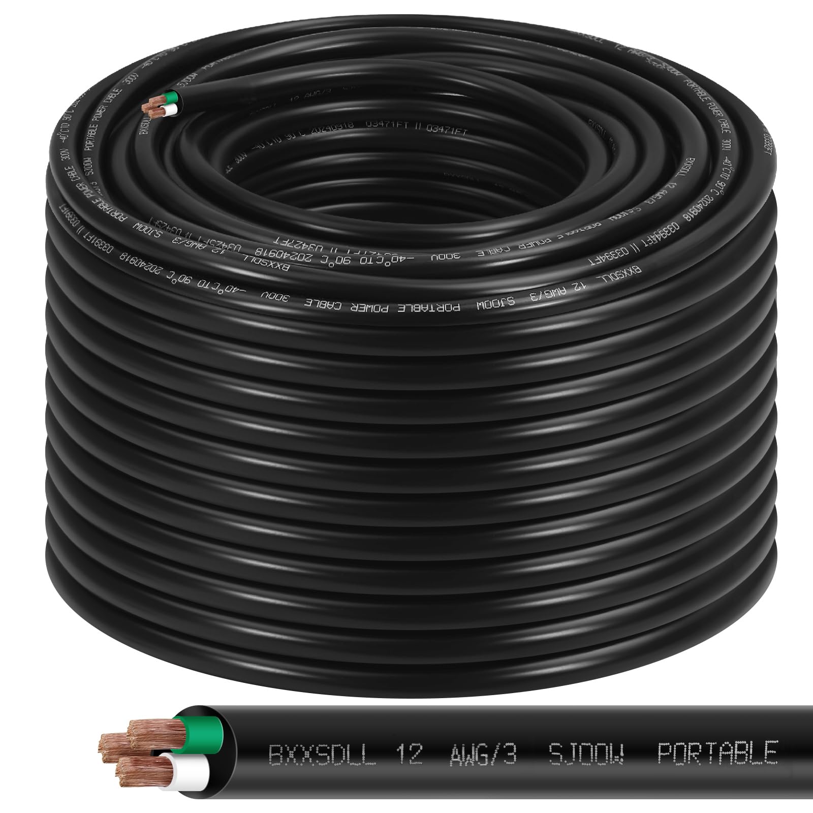 Photo 1 of 200FT 12/3 Heavy Duty Portable Power Cable, 12 AWG 3 Conductor 200FT SJOOW Wire 300V 12 Gauge 3 Conductor Electric Cord for Motor Leads, Portable Lights, Battery Chargers and Machinery