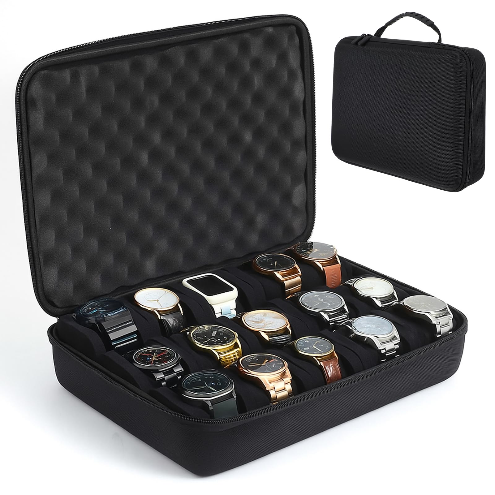 View 1 of 1 Pc Watch storage case for 15 watches, men's hard watch box safe travel case with soft protective pillow,fit most watches up to 40mm face