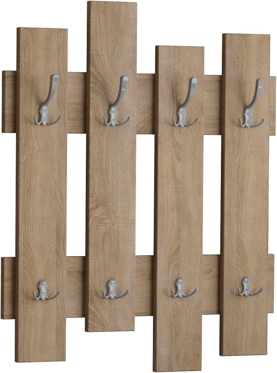 HOCUS PICUSModern 8 Hook Wall Mounted Hallway Coat Hanger Rack - Different Colour Options - Simple But Stylish Display - 81x64cm (Oak)