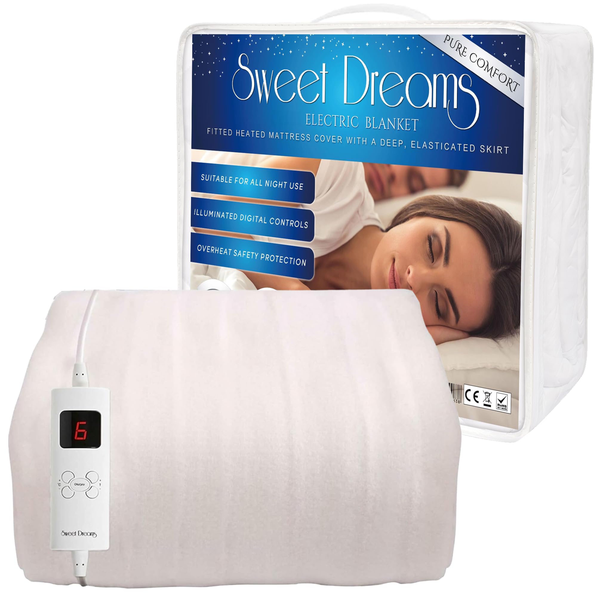 Sweet Dreams Electric Blanket Single Bed Size 107 x 203 x 40cm, Fully Fitted Machine Washable Heated Mattress Under Cover Underblanket with Elasticated Skirt, Overheat Protection (Single)