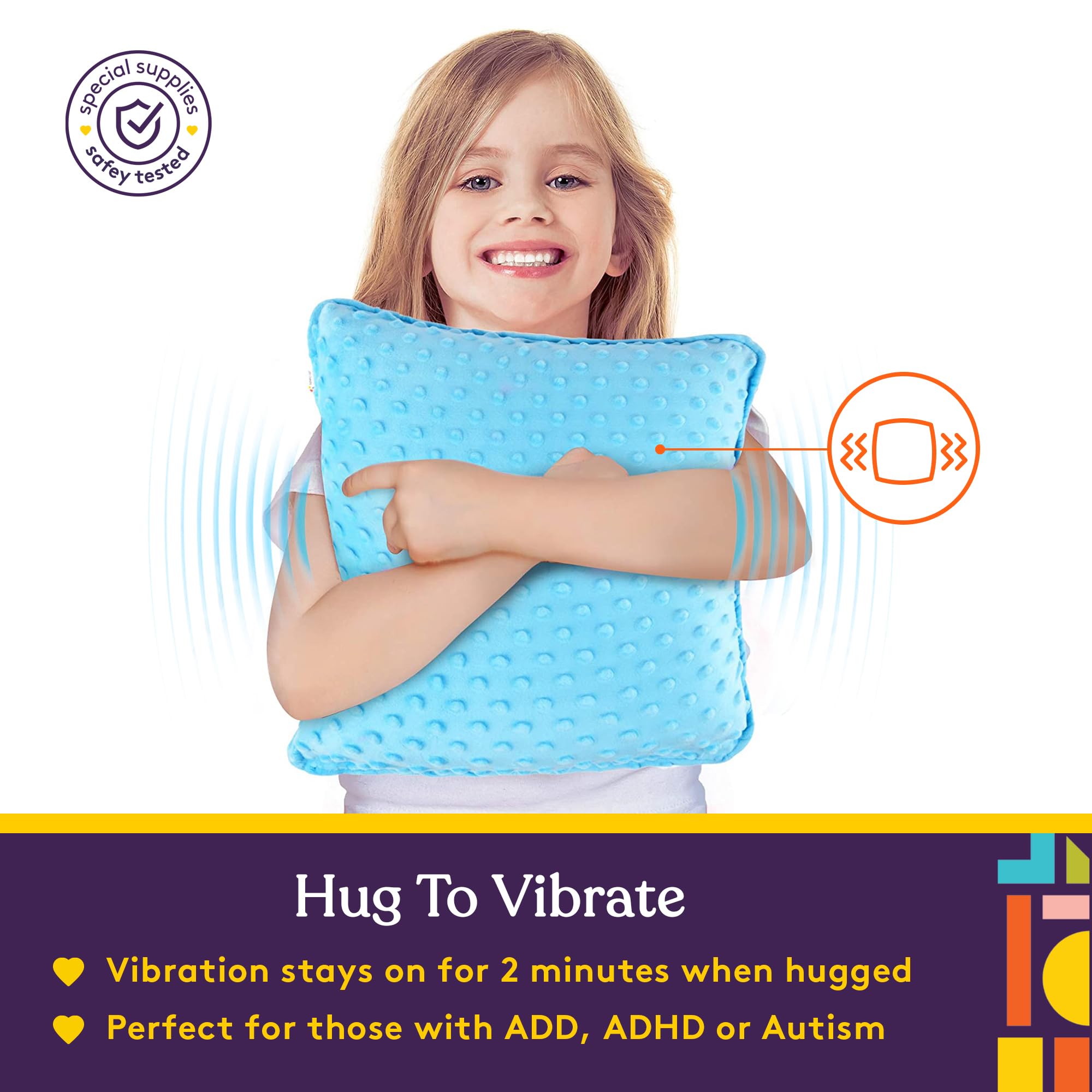 Special Supplies Vibrating Pillow Sensory Pressure Activated Calm for Kids and Adults, 12” Plush Soft Cover -Textured Therapy Stimulation Bumps- 3 Vibration Modes, Music & Voice Recording (Blue)