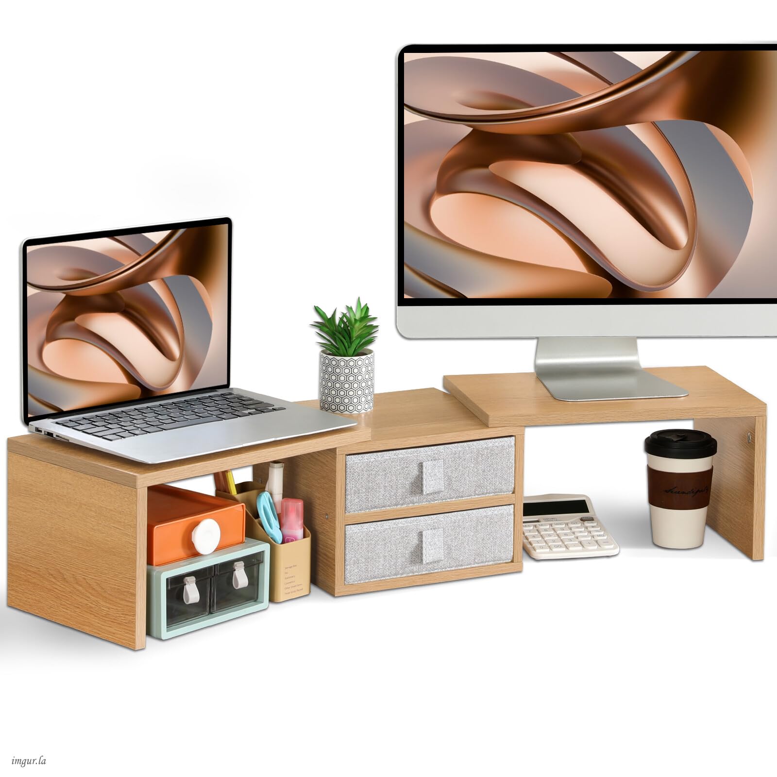 TEAMIX 42 inch Dual Monitor Stand Riser with 2 Drawers- Length and ...