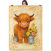 AHUCIZ Cute Highland Cow Lightweight Throw Blanket, Farmhouse Cartoon Animal with Flower, Warm Soft Cozy Flannel Blankets, Couch Bed Home Decor All Season Use, 60x50in, Beige, Gifts for Farm Lovers