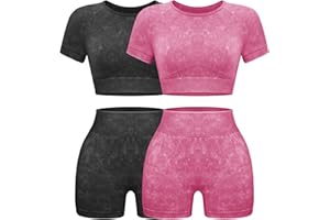 OLCHEE Womens Workout Sets 2 Piece - Seamless Acid Wash Yoga Outfits Shorts and Crop Top Matching Gym Athletic Clothing Set