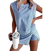 KevaMolly Womens Travel Outfits Summer Lounge Set Two Pieces Mineral Wash Cotton Tank Top Lined Split Athletic Skirt Set