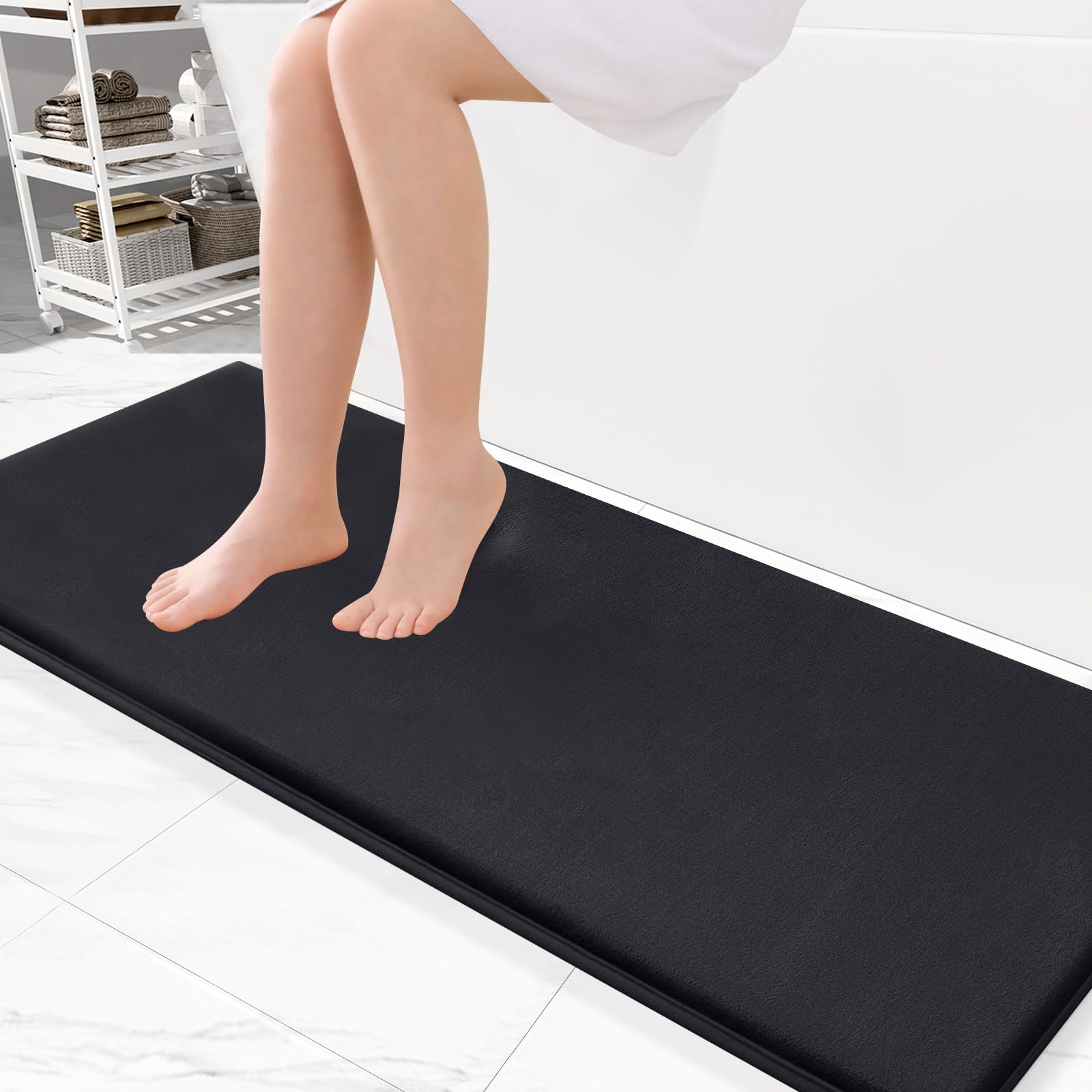 Photo 1 of Smiry Memory Foam Bath Mat 47x17, Extra Soft and Absorbent Bathroom Mats, Non Slip Washable Carpet for Floor, Shower and Tub, Black