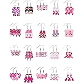 Ecally 20 Pairs Breast Cancer Awareness Earrings Pink Ribbon Acrylic Lightweight Handmade Pink Earrings for Women Breast Cancer Holiday Accessories