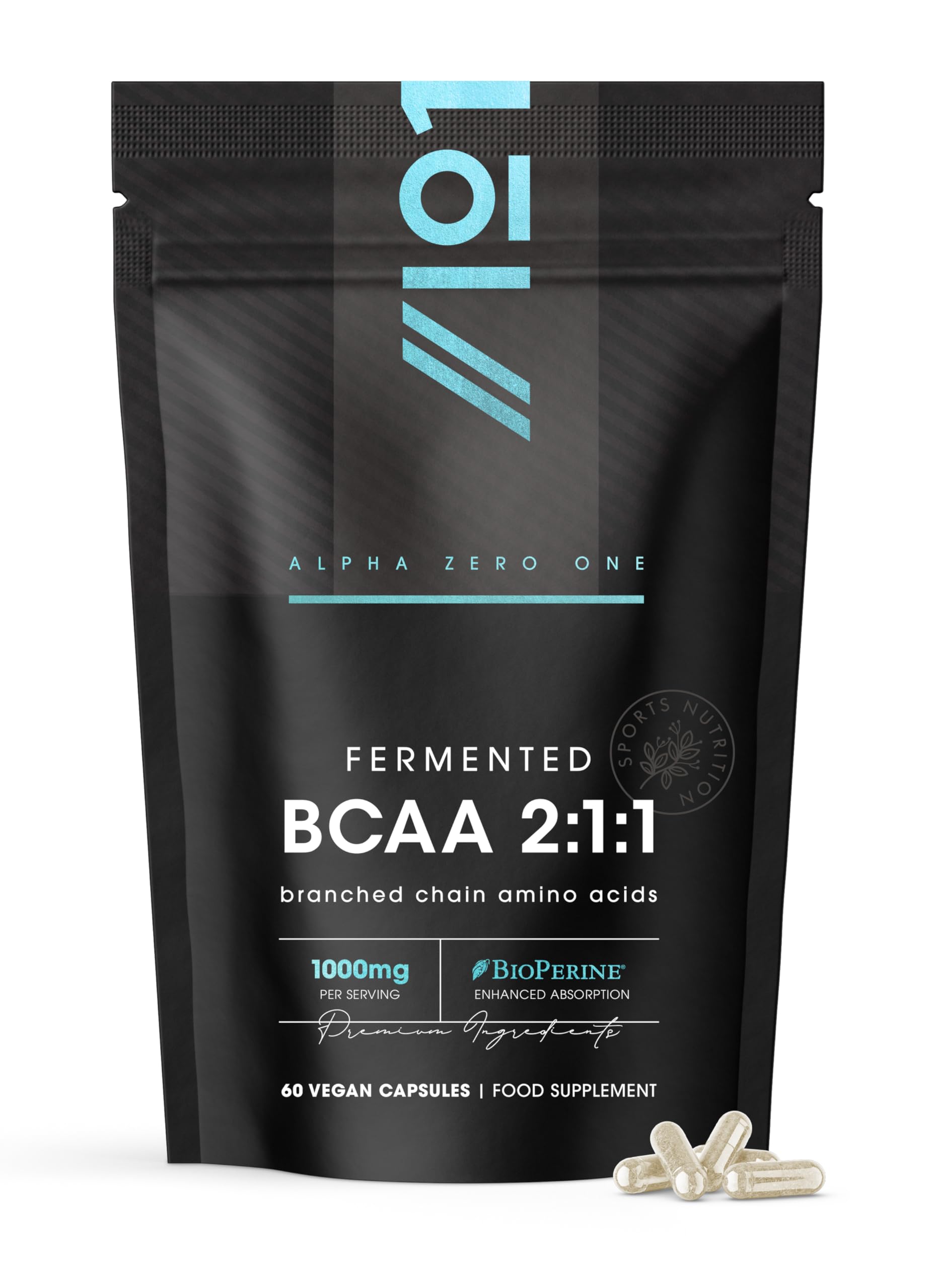 BCAA Capsules 1000mg with BioPerine - 60 Vegan Capsules – High Strength 2:1:1 Branched Chain Amino Acids Supplement - Resealable and Recyclable Pouch by Alpha01