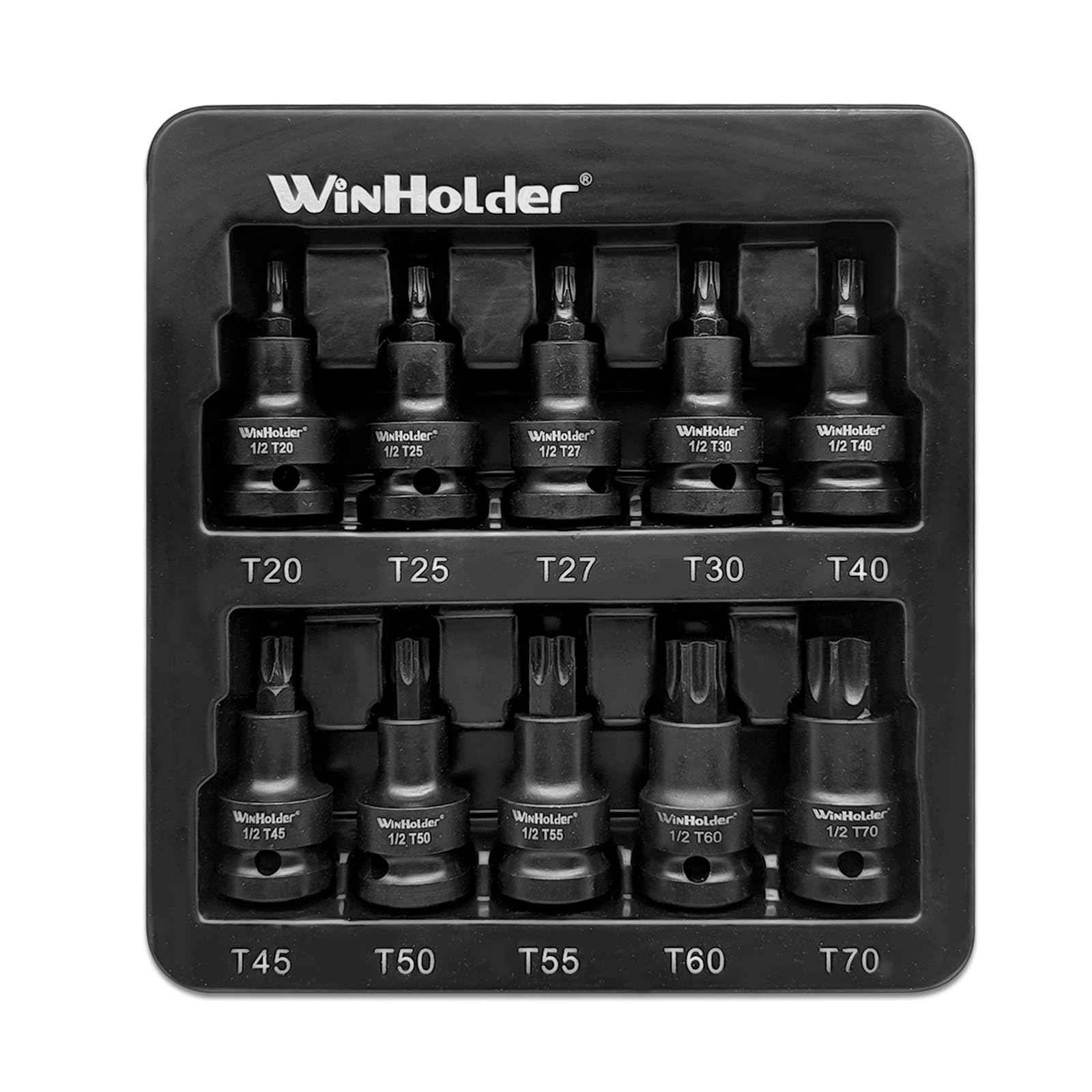 WinHolder 10pcs Industrial Impact Torx Bit Socket Set 1/2'' Drive TRX Star Sockets T20 T25 T27 T30 T40 T50 T55 T60 T70