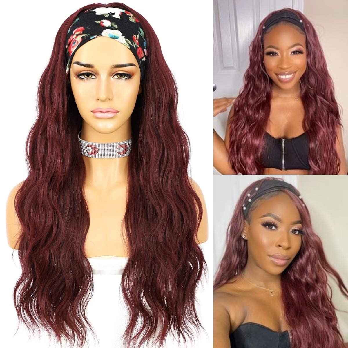 Sapphirewigs Body Wave Headband Wig Synthetic Long Wavy Wigs for Women Glueless Burgundy Hair Natural Looking 150% Density 26 inch