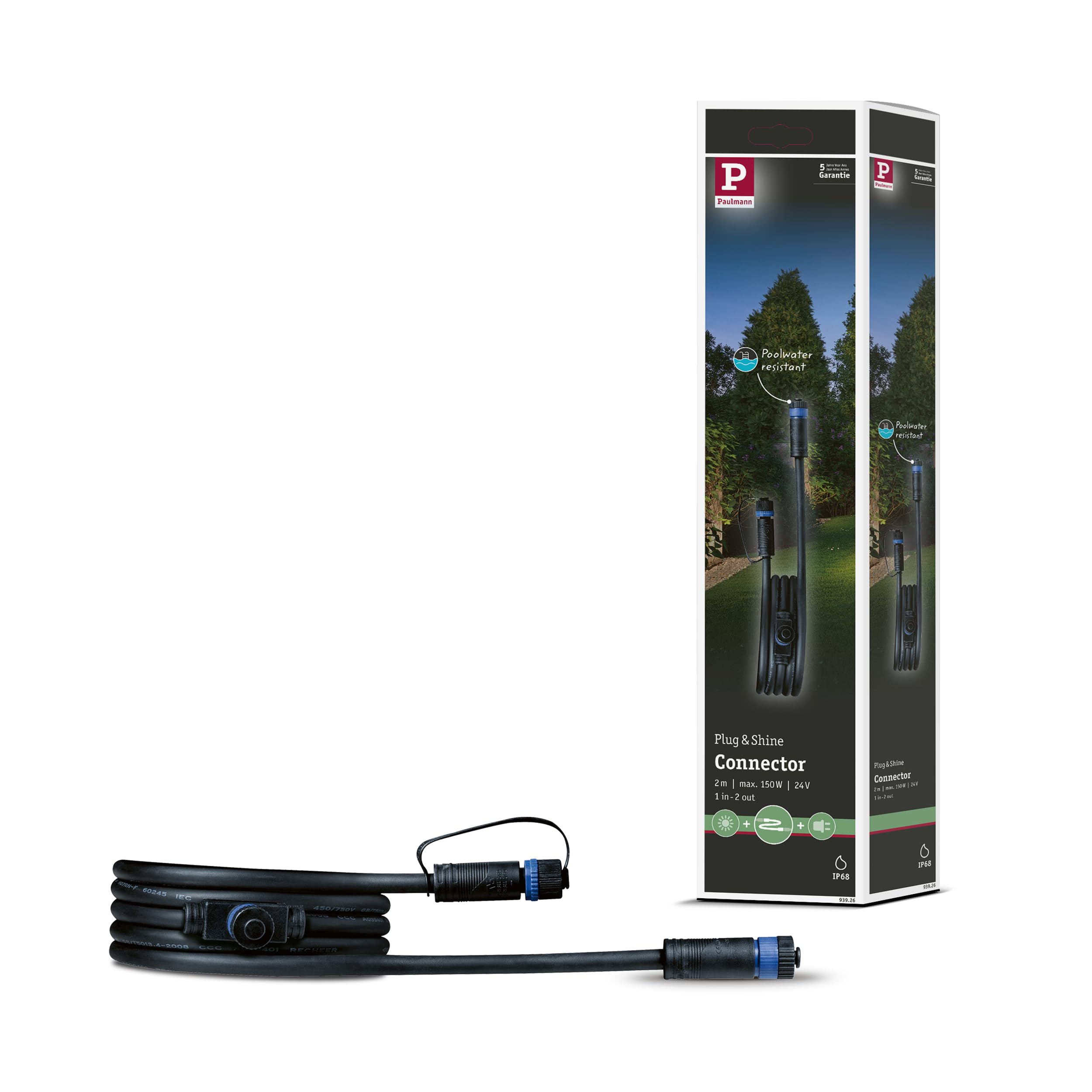 Paulmann 93926 Outdoor Plug & Shine Cable IP68 2m 1 in-2 Out 2x1,5mm² Black Plastic