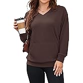 AUSELILY Womens Long Sleeve Sweatshirt Casual Fall V Neck Hoodless Pullover Tops with Pockets