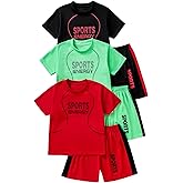 Plardeer Boys' 6PC Active Shorts Set T-Shirt Tee and Quick Drying Shorts Summer Athletic Sets 4-12Y