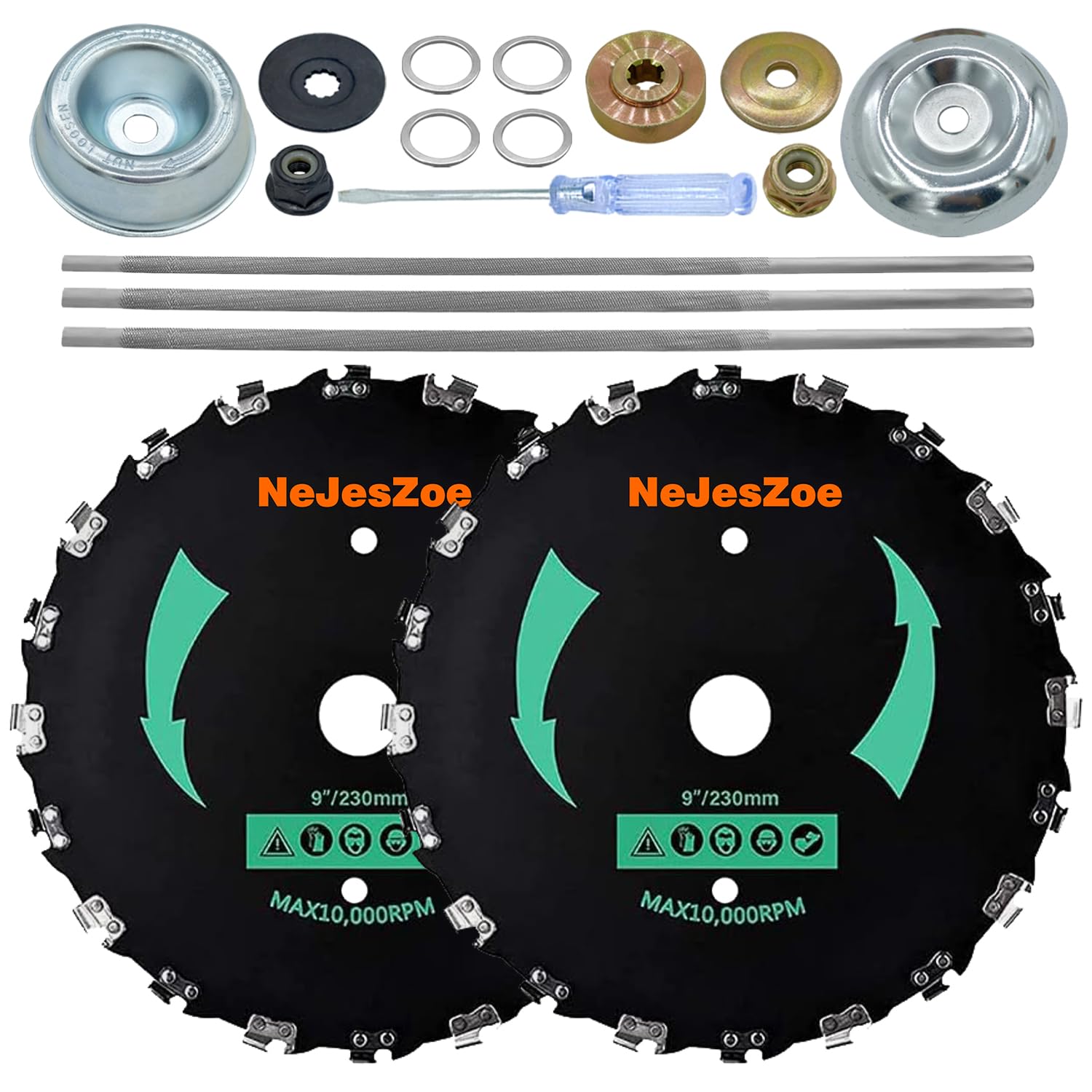 Photo 1 of NeJesZoe 2-Set 9” x 20T Chainsaw Tooth Brush Cutter Blades Weed Trimmer Eater Blade with Universal Adapter Kits, 3 Assorted Round Files, 4 Washers for Brush Cutters, String Trimmers, and Weed Wreckers