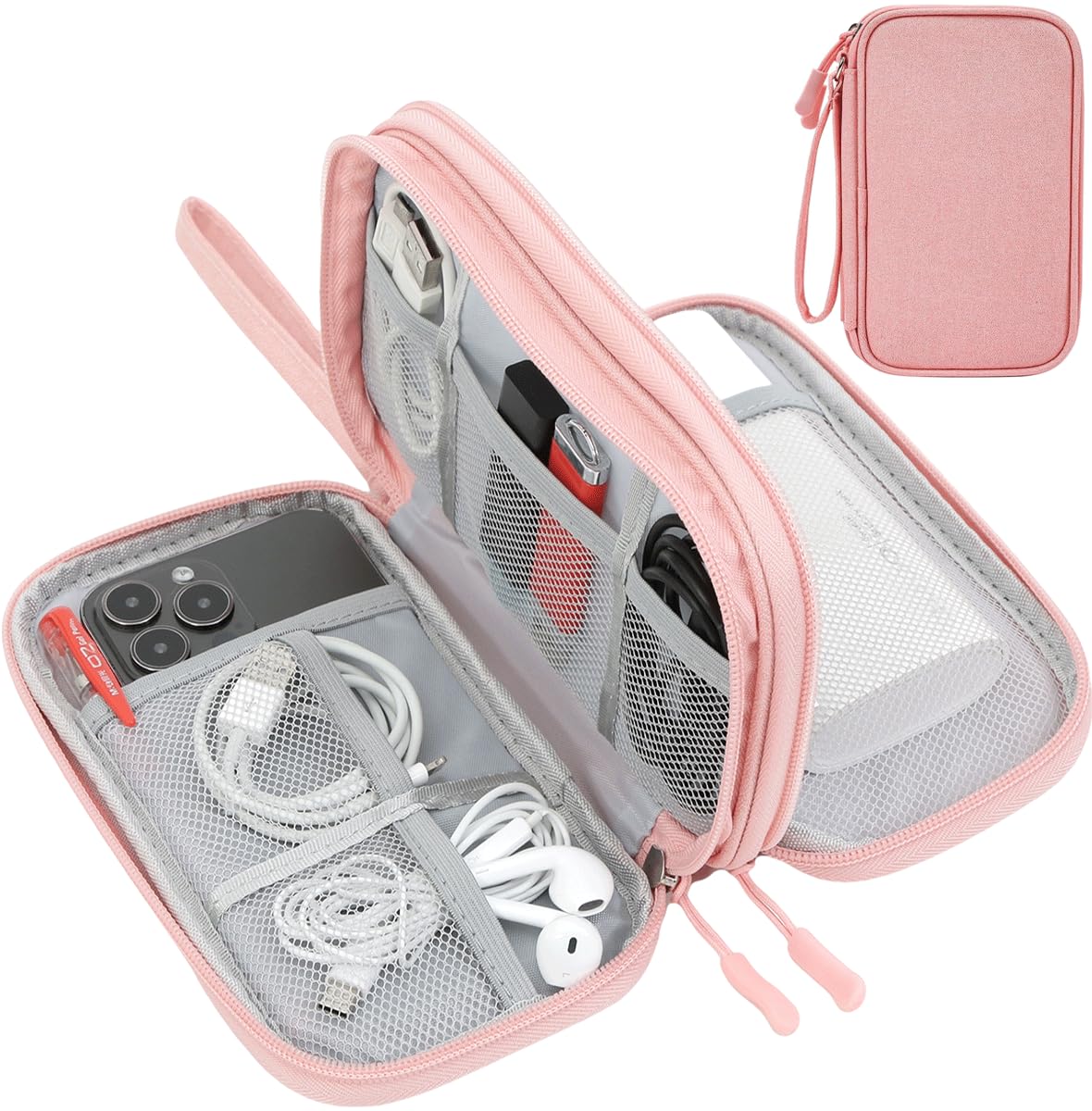 Photo 1 of CAAORDKSO Electronic Cable Organizer Bag, Travel Electronic Accessories Carry Case Portable Waterproof Double Layers Storage Bag for Cable, Cord, Charger, Power Bank, Earphone (Light Pink, Medium)