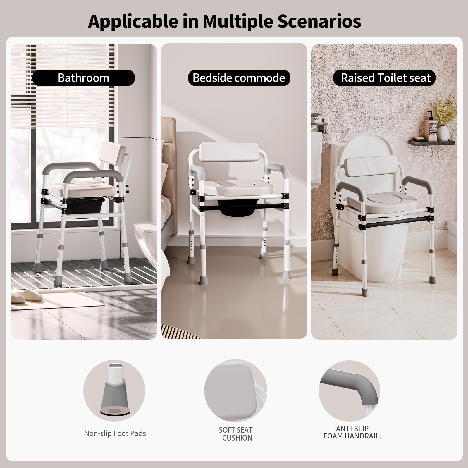 Adjustable Medical Bedside Commode Chair with Padded Backrest, Drop Arm Support, Height Adjustable, Gray