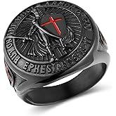 HZMAN Knights Templar Put On The Whole Armor of God Ephesians 6:13-17 Red Cross Design Men's Stainless Steel Ring