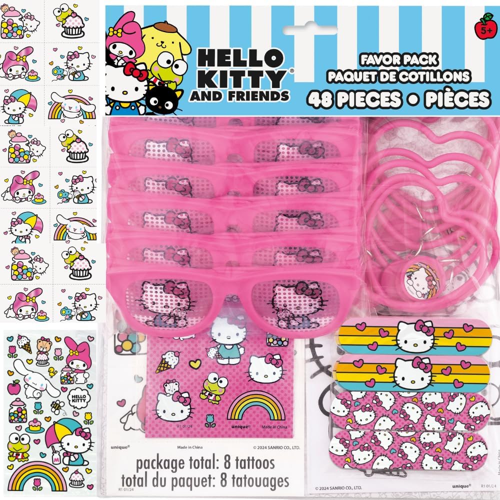 Hello Kitty Birthday Party Supplies Favors Set - 88 Pieces - Novelty Glasses, Charm Bracelets, Tattoos, Activity Sheets, Emery Boards, Sticker Sheets, Loot Bags