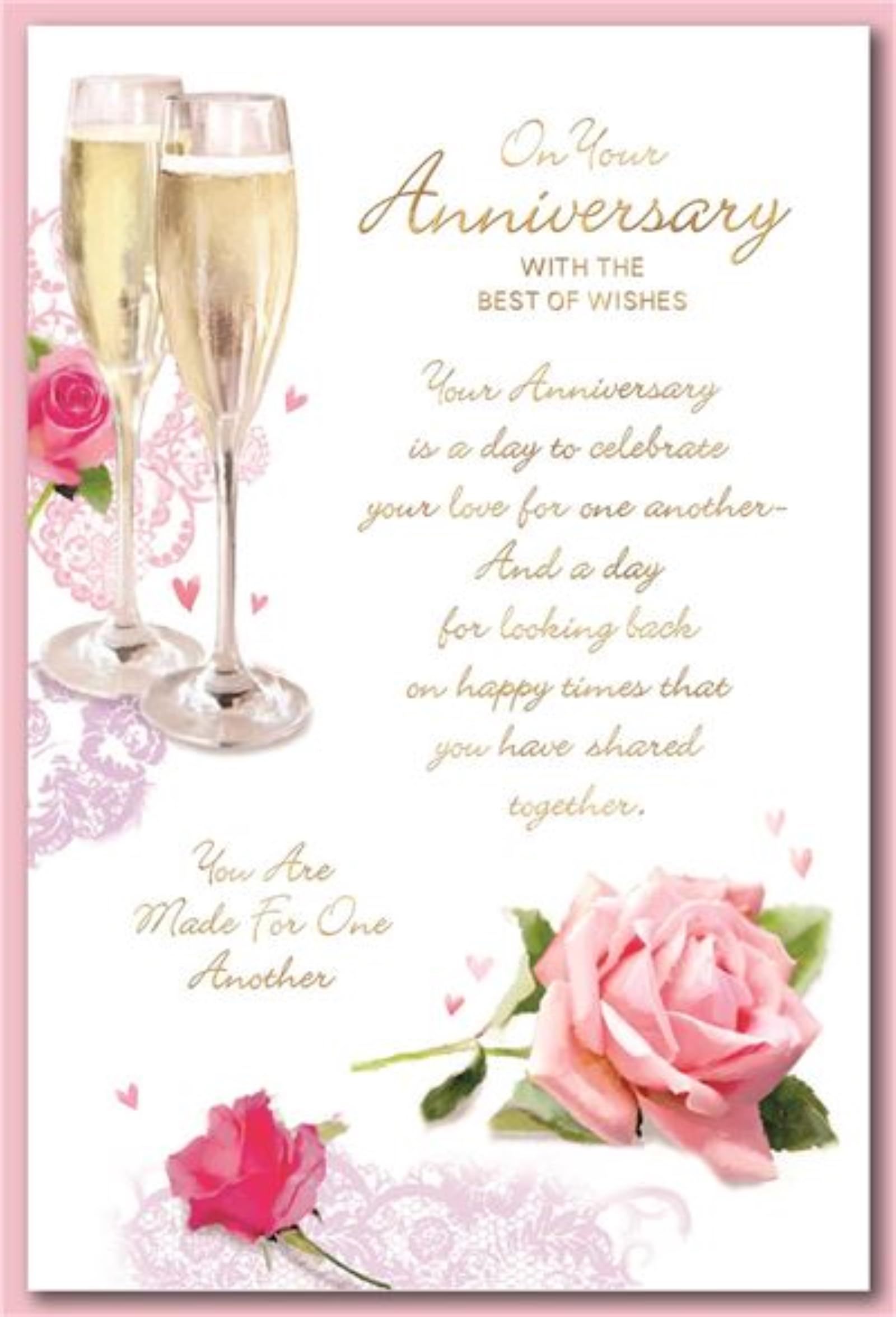 Open Wedding Anniversary Card - Champagne Glasses Flowers Gold Foil Verse 9x6