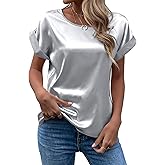 Chigant Women's Short Sleeve Satin Blouses Casual Loose Crewneck Silk Shirts Roll Up Sleeve Tunic Tops S-XXL