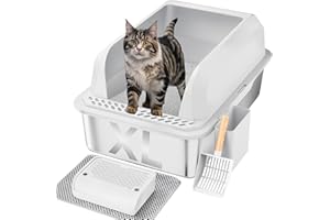 Furkid Stainless Steel Cat Litter Box with Lid, XL Large Litter Box for Big Cats, Enclosed Kitty Litter Pan with High Sides, Anti-Leakage&Non-Stick, Easy to Clean, Included Scoop, Aisle and Mat White