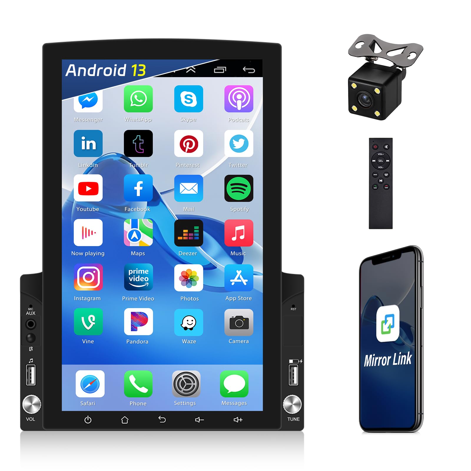 Photo 1 of Android 13 Double Din Car Stereo with Bluetooth GPS Navigation, 9.7'' Vertical Touchscreen Car Radio with FM Radio WiFi iOS/Android Mirror Link USB/AUX-in Head Unit + Backup Camera&Remote Control