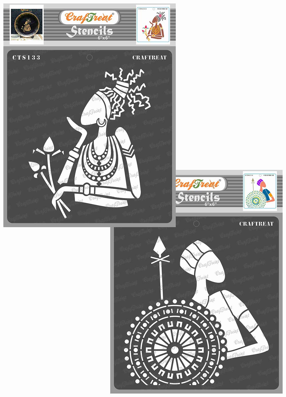 CrafTreat Reusable Tribal Stencils for Painting on Wood, Wall, Tile, Canvas, Paper, Fabric and Floor - Lonely Woman and Man - 2 Pcs - 6x6 Inch Each - DIY Art and Craft Stencils of African Women