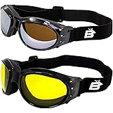 Birdz Eyewear Eagle Red Baron style Motorcycle Padded Airsoft Goggles 2 Pairs Black Frame with Yellow & Driving Mirror Lens for Day & Night riding comfort Perfect Googles For Any Weather Condition