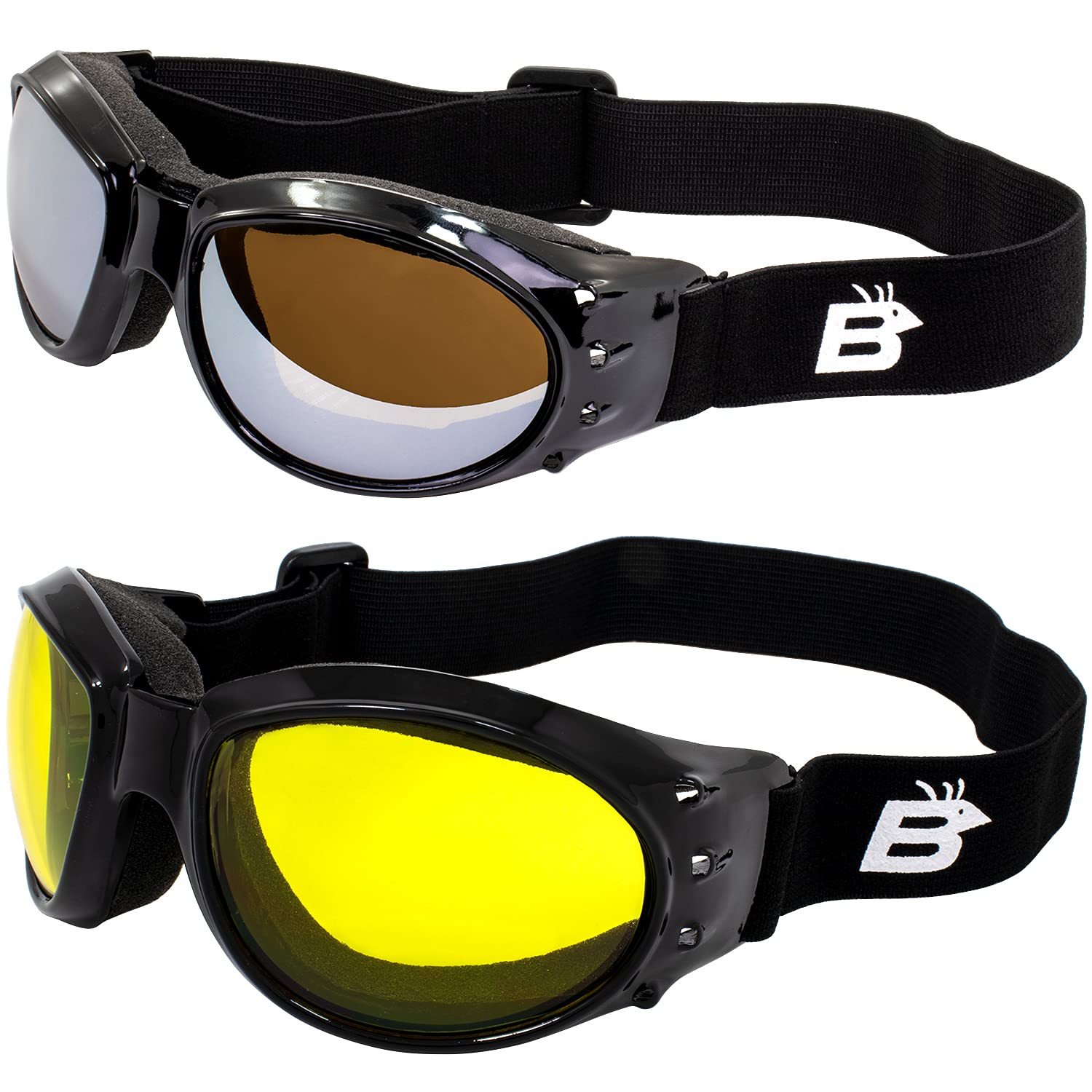 Birdz Eyewear Eagle Red Baron style Motorcycle Padded Airsoft Goggles 2 Pairs Black Frame with Yellow & Driving Mirror Lens for Day & Night riding comfort Perfect Googles For Any Weather Condition