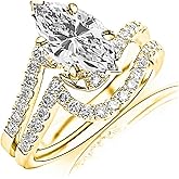 14K White Gold 1.5 Carat LAB GROWN DIAMOND Curving Pave & Prong-set Round Marquise Cut Diamond Engagement Ring and Wedding Band Set (D-E Color VS1-VS2 Clarity 0.75 Ct Center)