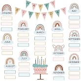 JarThenaAMCS 85Pcs Happy Birthday Bulletin Board Set Colorful Cake Balloon Candles Calendar Poster Classroom Birthday Chart For Back To School Decorations