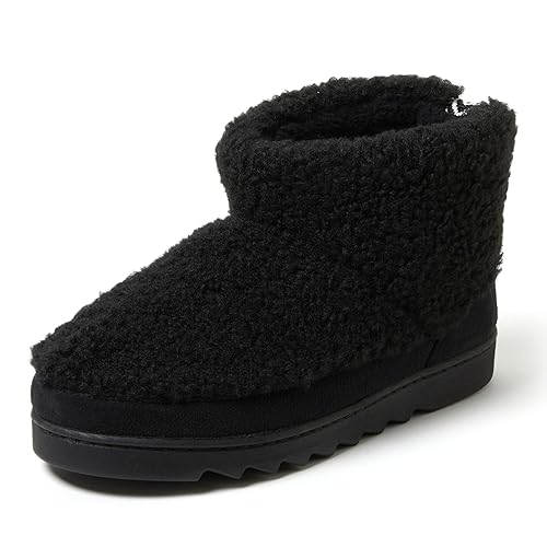 Dearfoams Women's Outdoor Whitney Teddy Ankle Boot Slipper, Black, 5-6