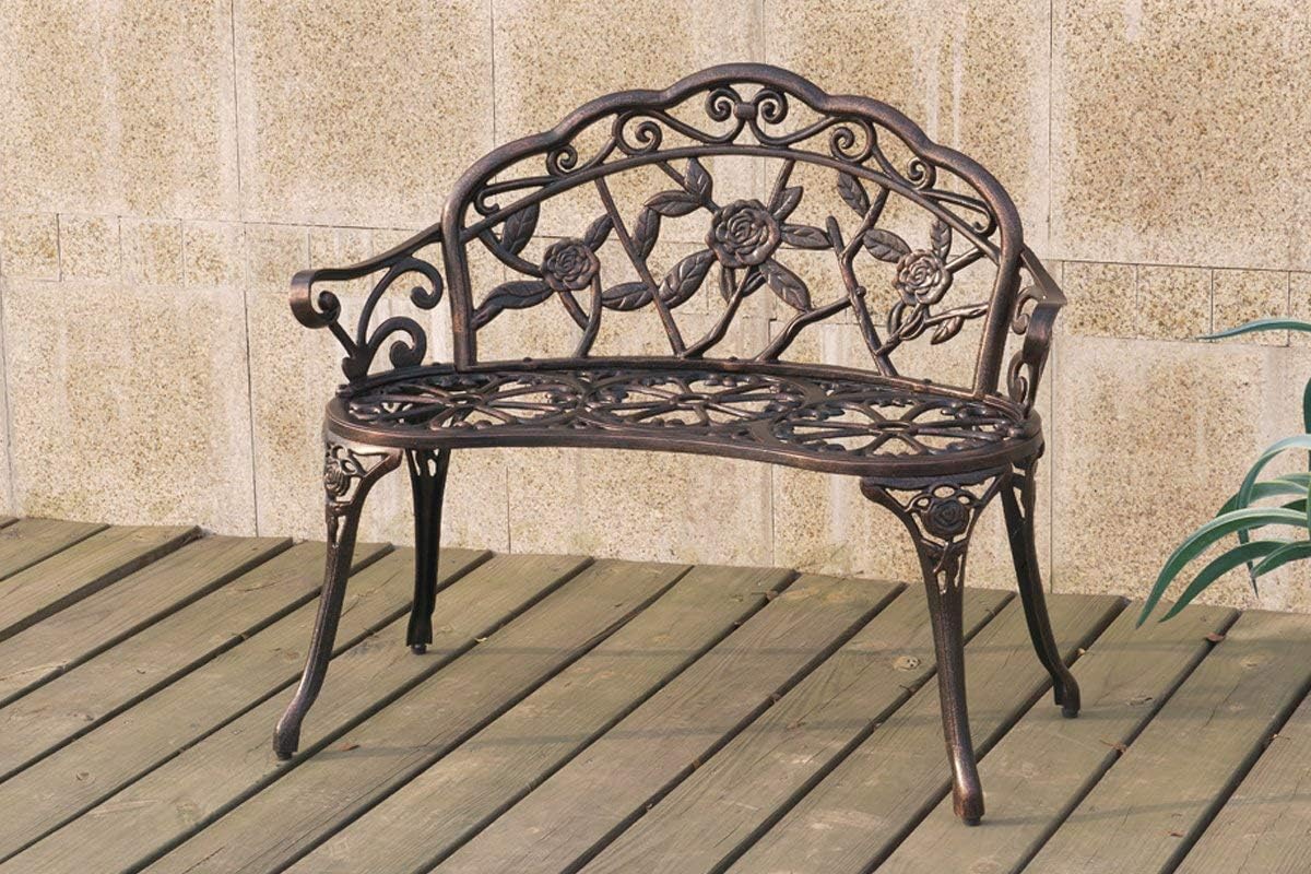 1PerfectChoice Outdoor Patio Garden Park Metal Iron Bench Romace Antique Rose Decor in Bronze