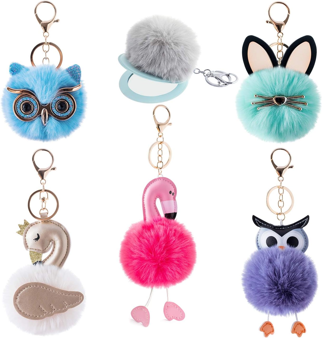 6Pcs Pom Pom Keychains incl. 1 Compact Travel Makeup Mirror Cute Puff